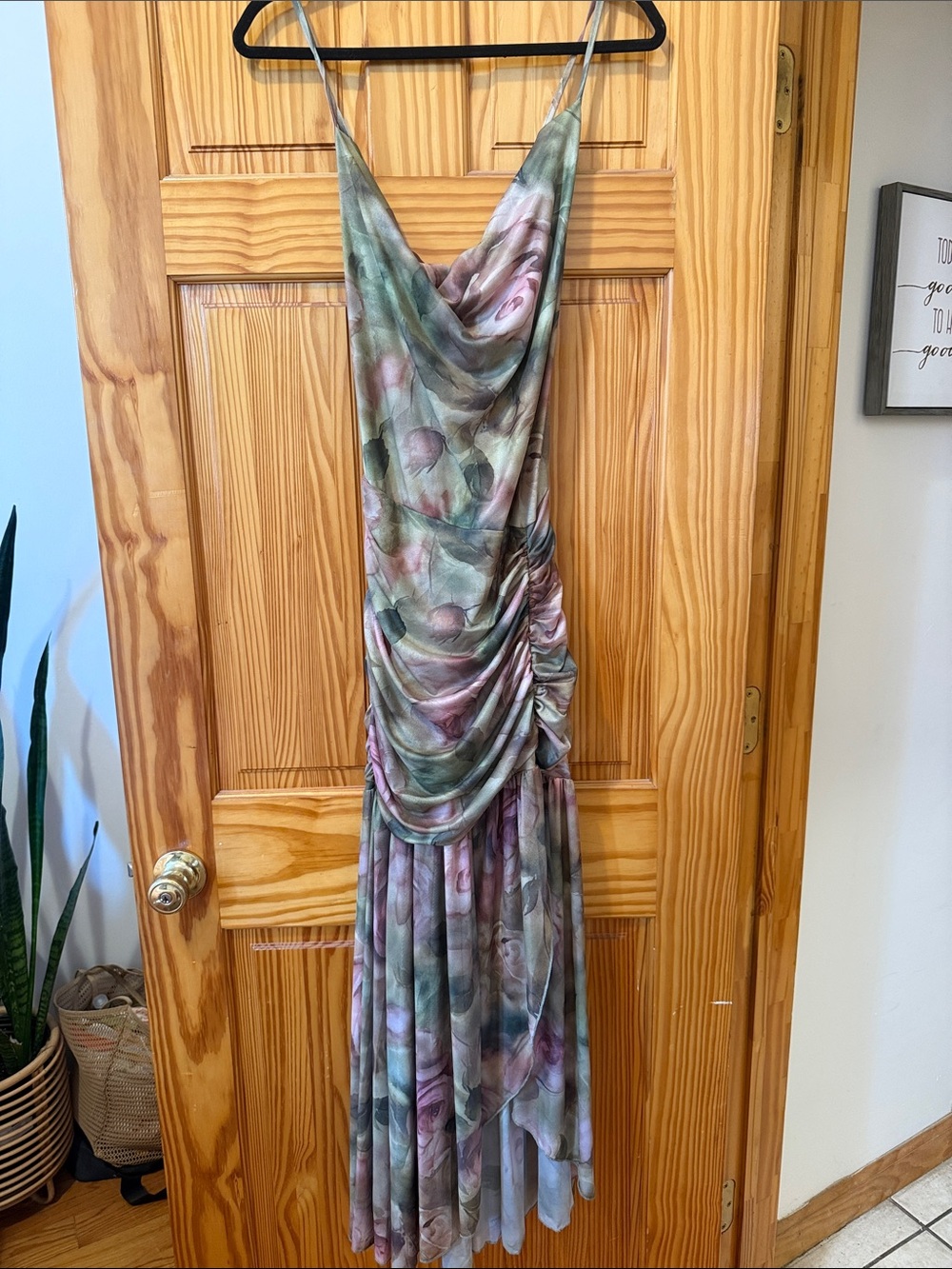 SHEIN Green and Pink Floral Cowl Ruched Maxi Dress - Picture 3 of 3